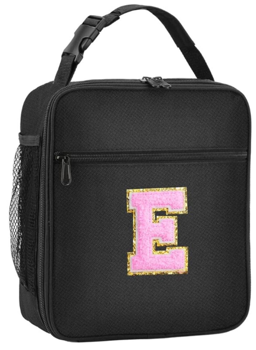 Brand New Initial Insulated Lunch Bag with Pink Initial Letter "E" Patch- Black